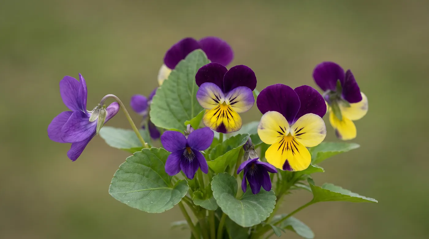 Violets and pansies showing the marked face and the spur
