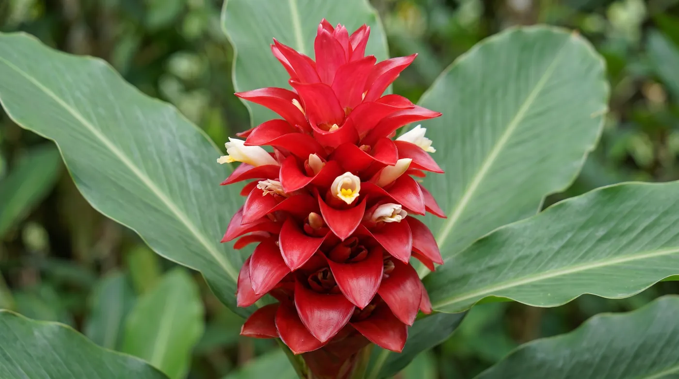 A red torch ginger cone with flowers emerging between bracts