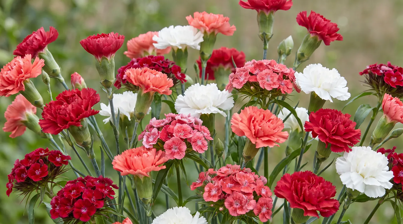 Carnations beside flat heads of sweet william
