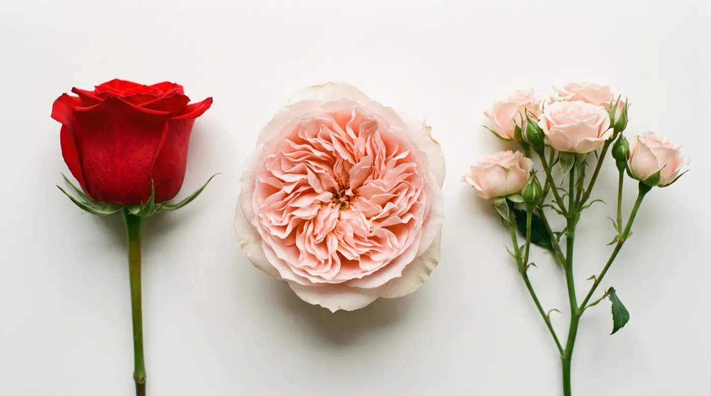 A florist rose, a garden rose and a spray rose side by side