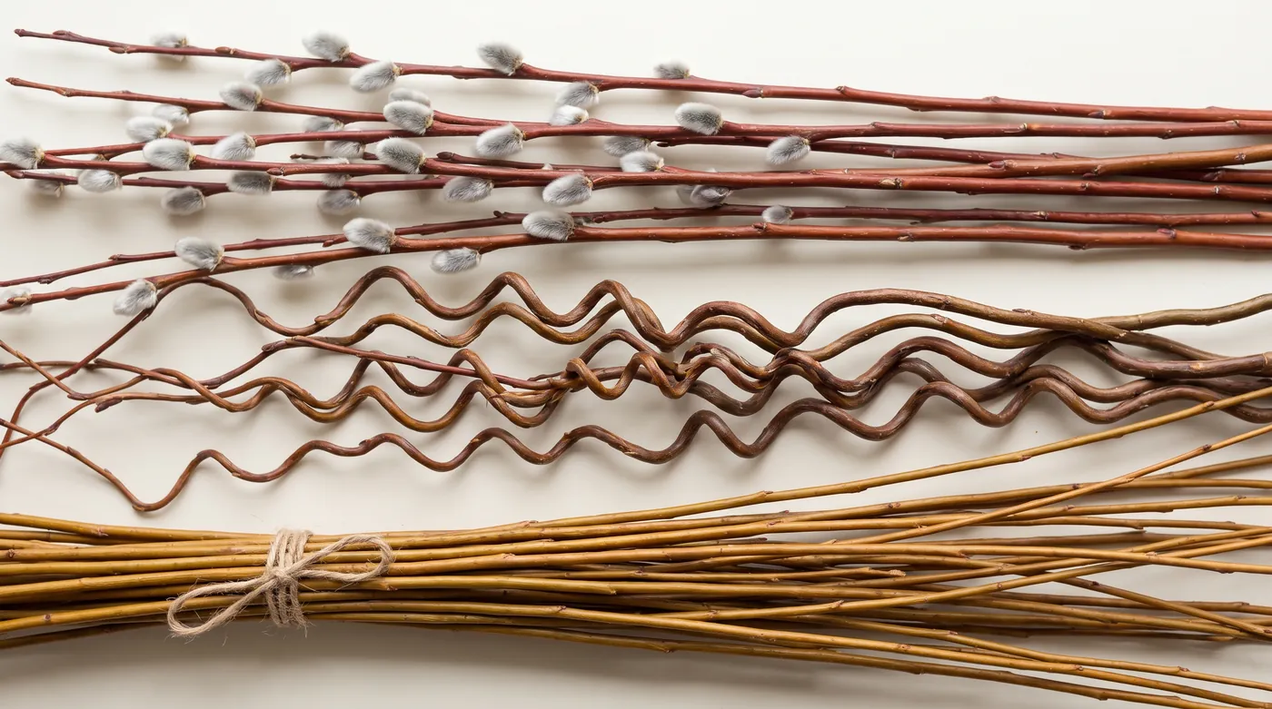 Silver catkin stems, contorted willow and a bundle of withies