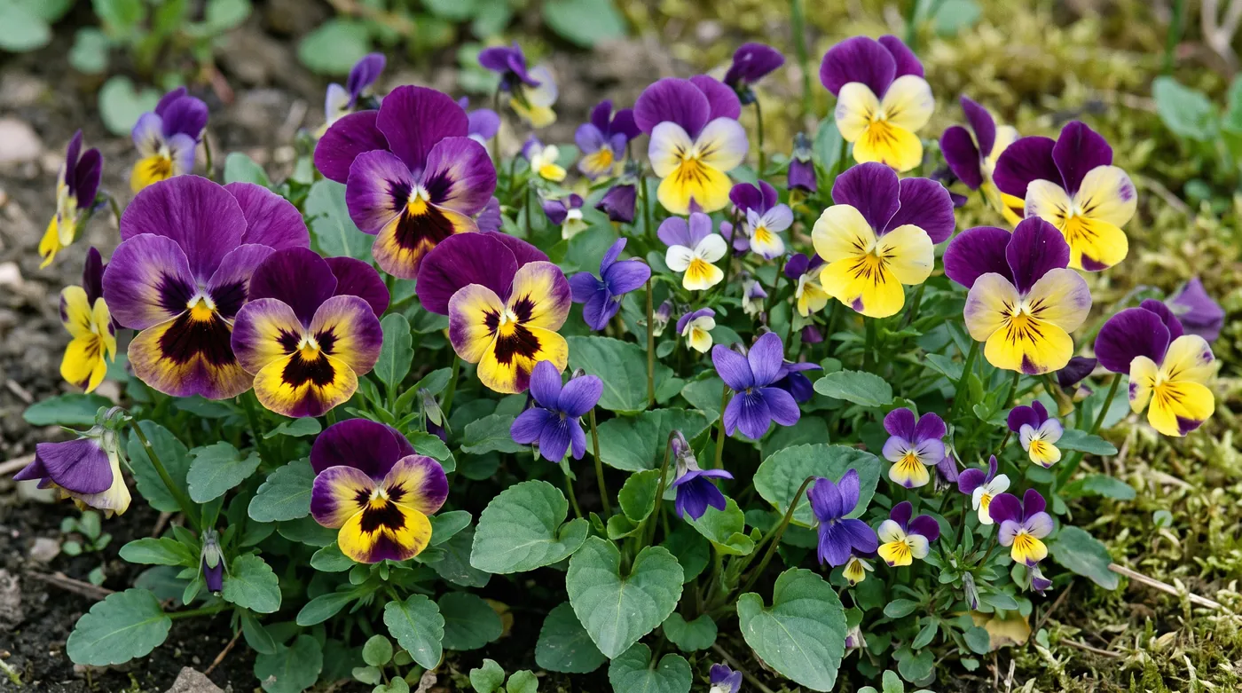 Large faced pansies beside small violets and violas