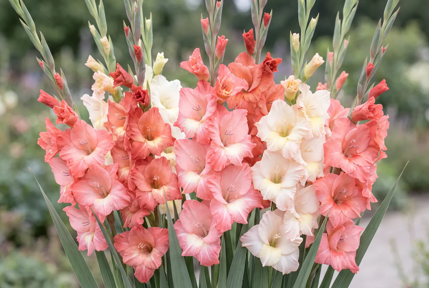 Tall gladiolus spikes in red, white and peach