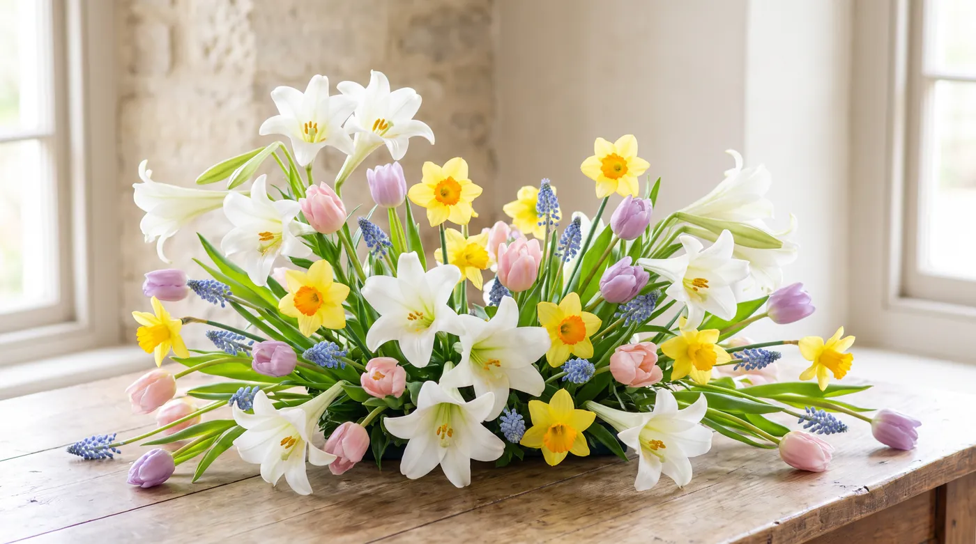White Easter lilies with spring tulips and daffodils