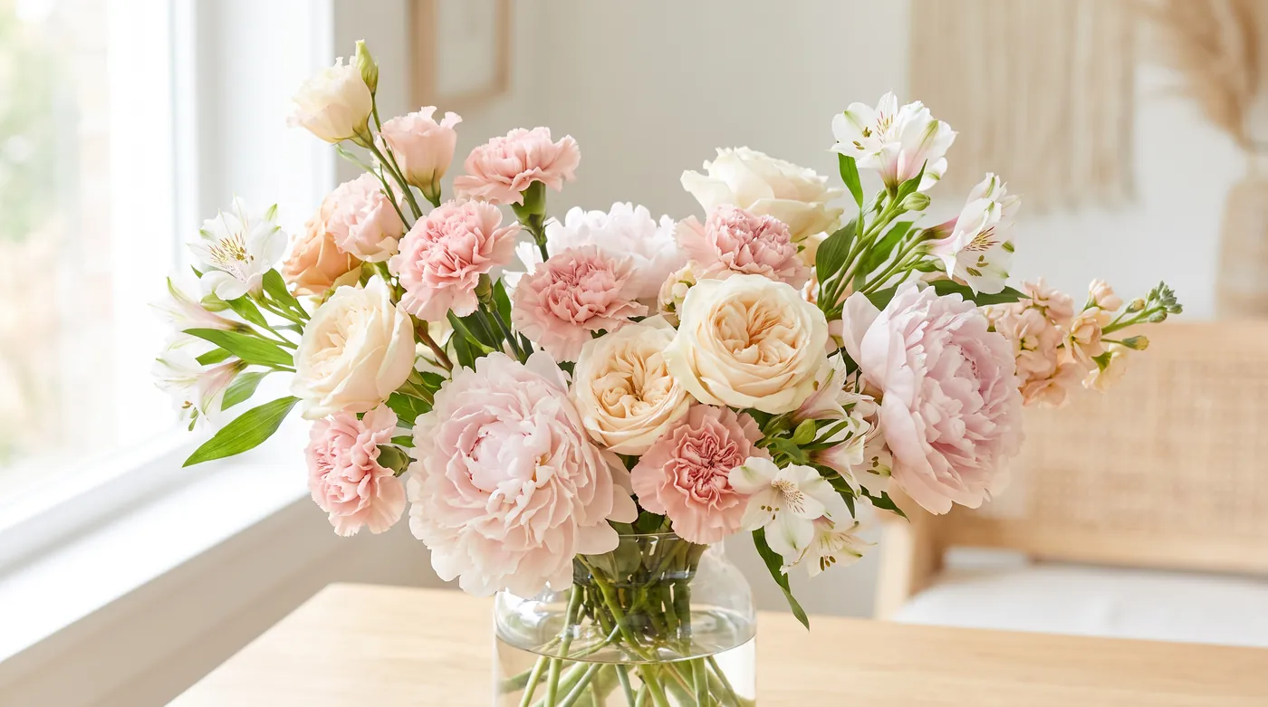 A soft pink and cream Mother's Day arrangement of peonies, roses and carnations