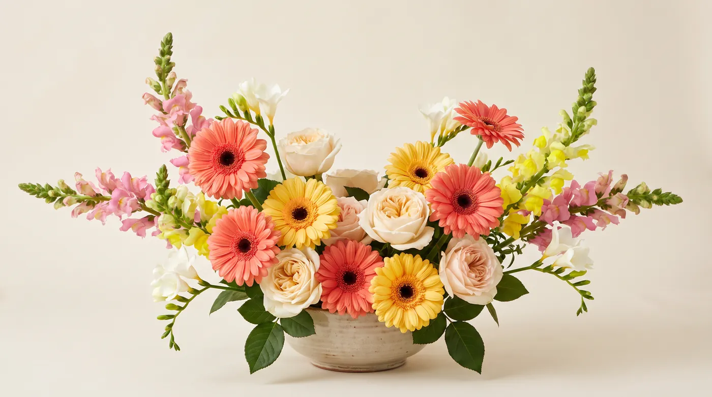 A bright arrangement of pet-safe flowers: roses, gerbera daisies, snapdragons and freesia