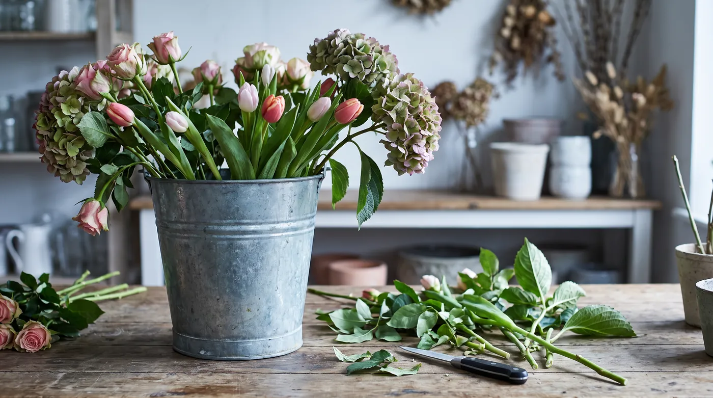Freshly cut flower stems conditioning in a deep bucket of water on a workbench