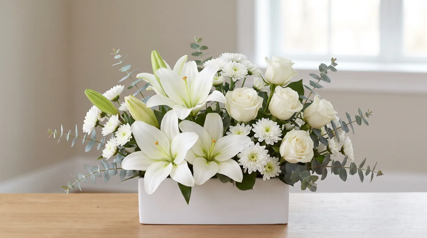 A restrained sympathy arrangement of white lilies, white roses and soft green foliage