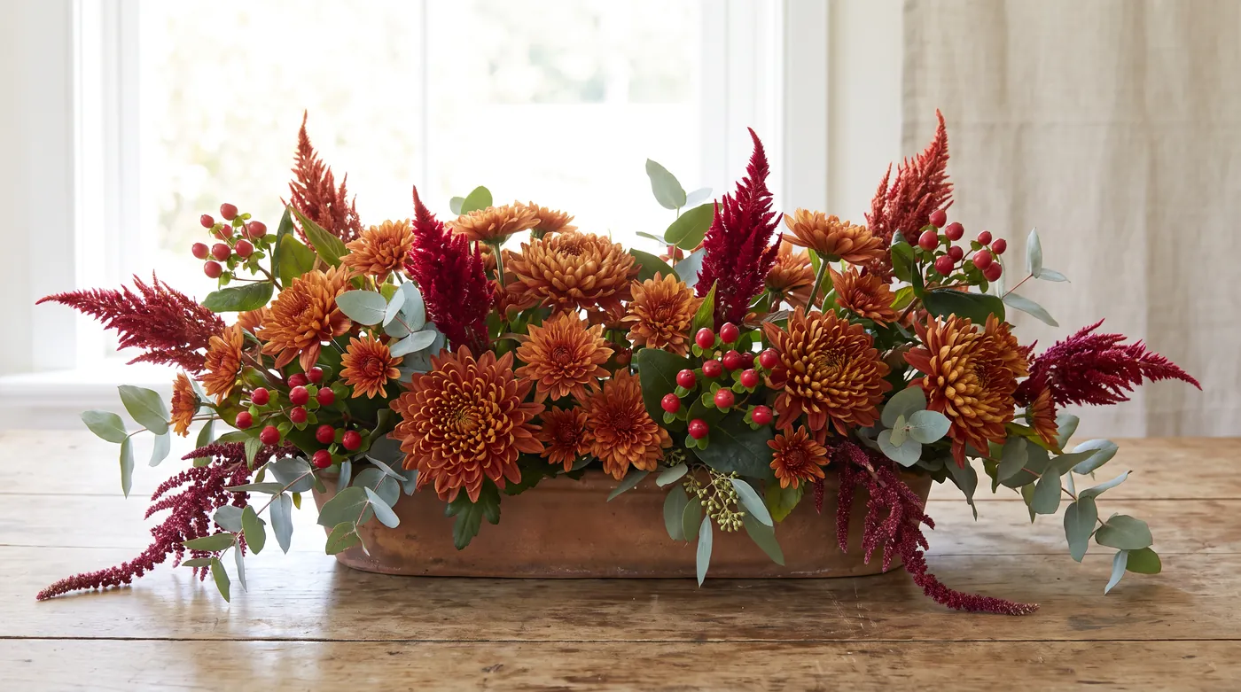 A low autumn Thanksgiving centerpiece of bronze chrysanthemums, berries and dried foliage