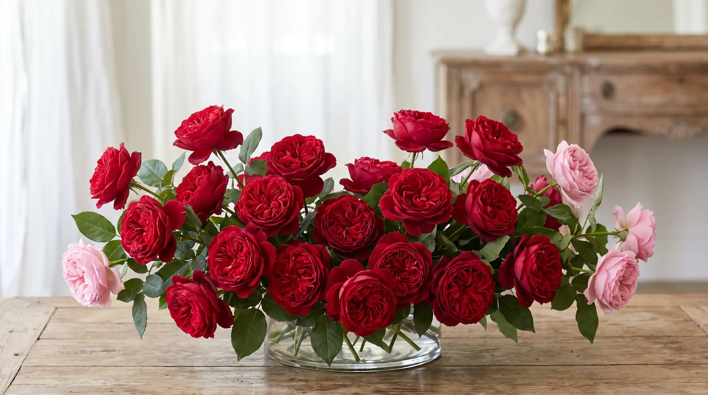 A large bouquet of deep red roses arranged for Valentine's Day
