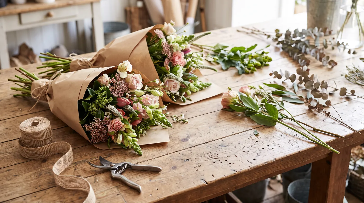 A florist's workbench with wrapped bouquets ready for delivery