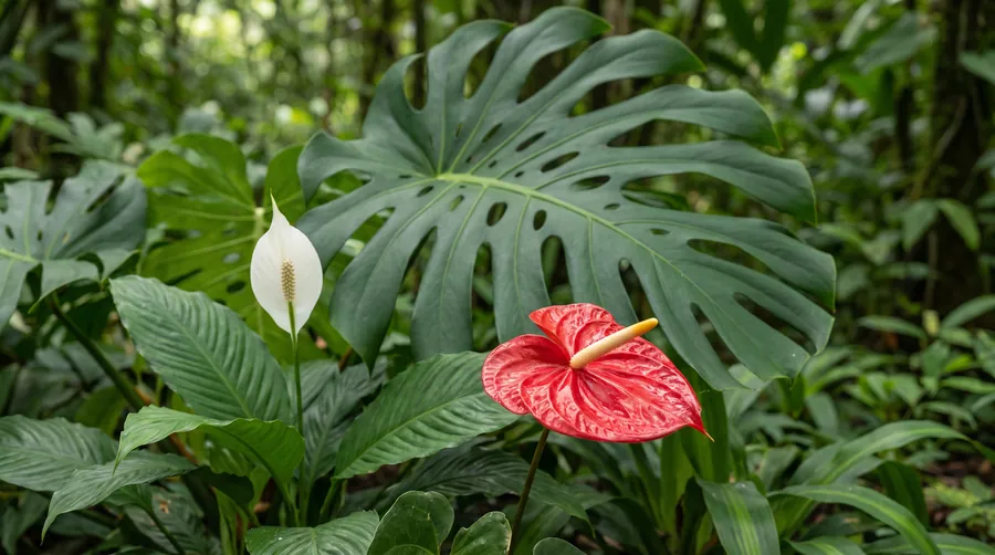 Anthurium and peace lily in front of a large split aroid leaf