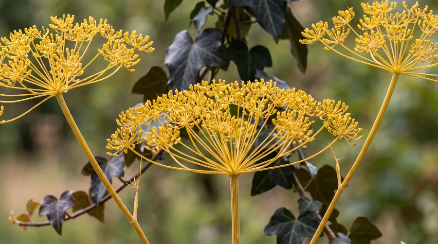 Golden dill and fennel umbels with dark glossy ivy behind
