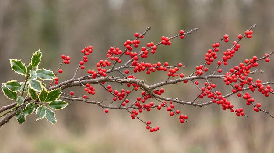 Bare winterberry branches in fruit beside variegated holly