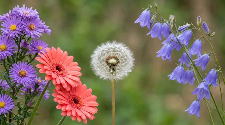Asters and gerberas with a dandelion seed head and bellflowers