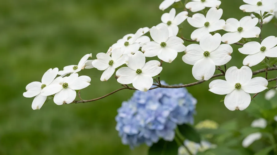 Dogwood bracts notched at the tip with hydrangea behind