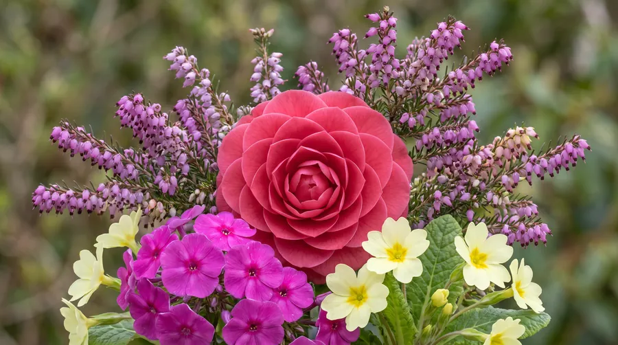 Camellia, phlox and primroses with urn shaped heather bells