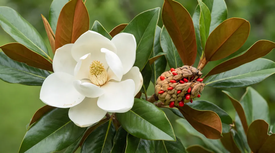 A white magnolia among glossy leaves with a scarlet seeded cone