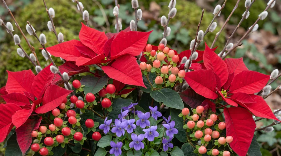 Poinsettia, hypericum berries, pussy willow and violets