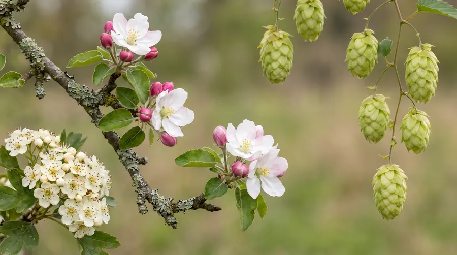 Apple and hawthorn blossom with green hop cones behind