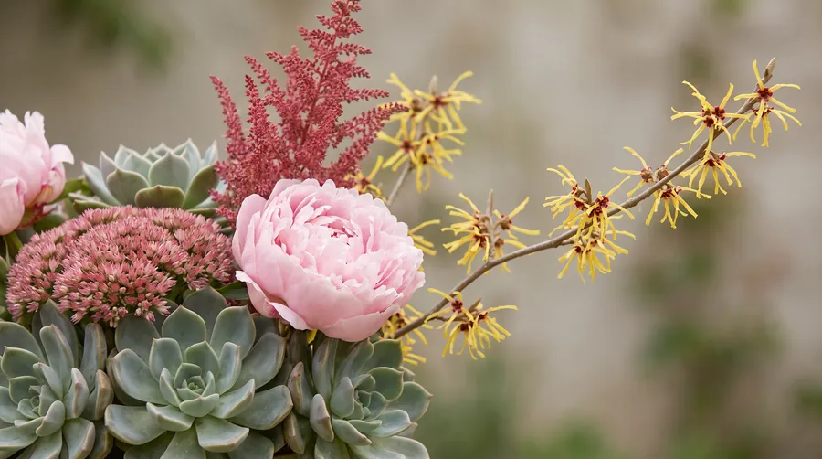 Peony, sedum and astilbe with spidery witch hazel